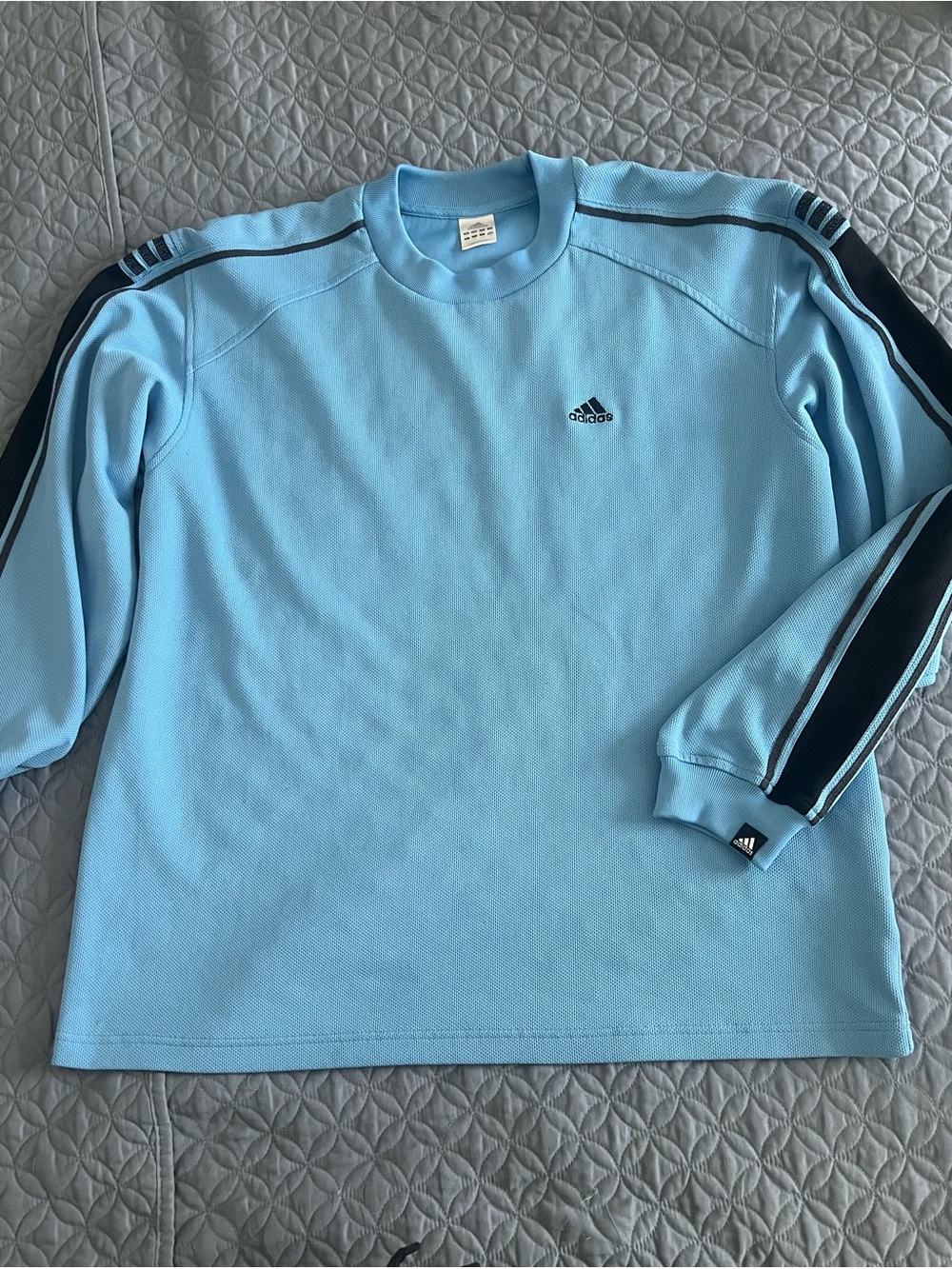 adidas Light Blue Crewneck Sweater with Navy Sleeve Stripes
